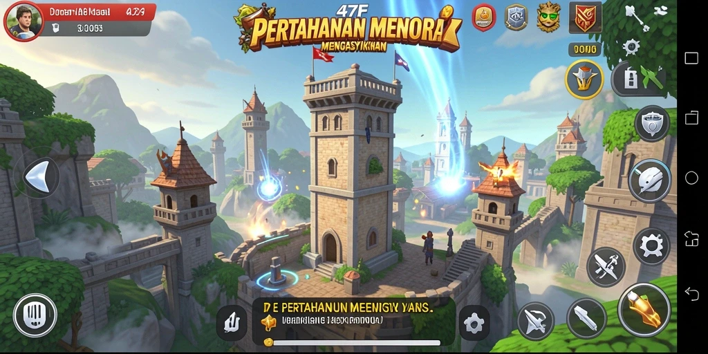 Screenshot utama 47F menampilkan aksi pertahanan menara yang seru.