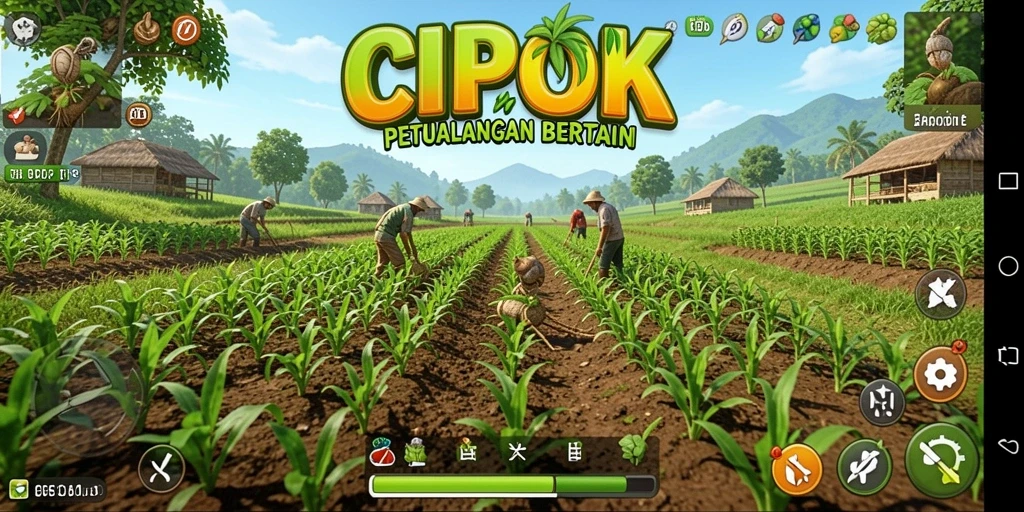 Tampilan layar gameplay <strong>CIPOK</strong> menampilkan petani merawat tanaman di kebun.