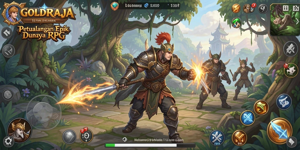 Tampilan gameplay <strong>GOLDRAJA</strong> yang penuh aksi dan strategi RPG.