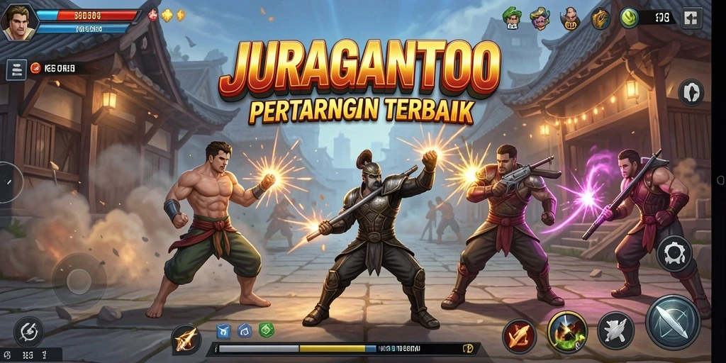 Screenshot gameplay JURAGANTOTO menunjukkan pertarungan yang mendebarkan dan karakter yang beragam.