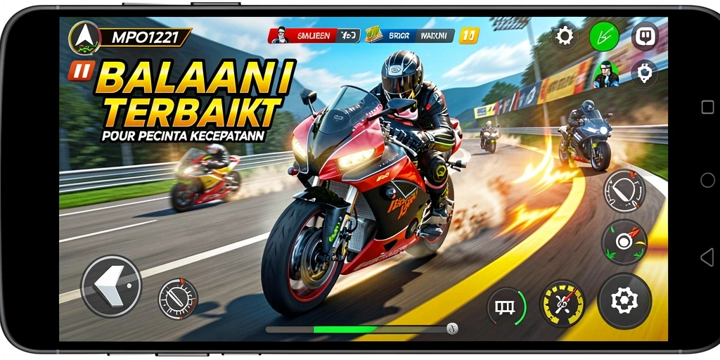 Tangkapan layar gameplay <strong>MPO1221</strong> menunjukkan aksi balap motor yang mendebarkan.