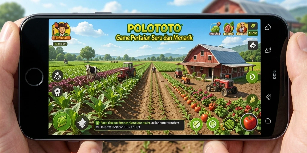 Tangkapan layar utama dari gameplay seru dalam POLOTOTO menunjukkan aktivitas pertanian.