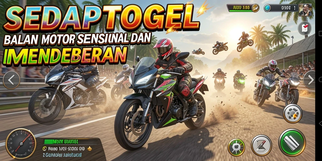 Tampilan gameplay SEDAPTOGEL dengan balapan motor yang mengasyikkan.