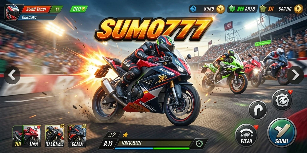 Tampilan gameplay SUMO777 saat balapan motor di lintasan.